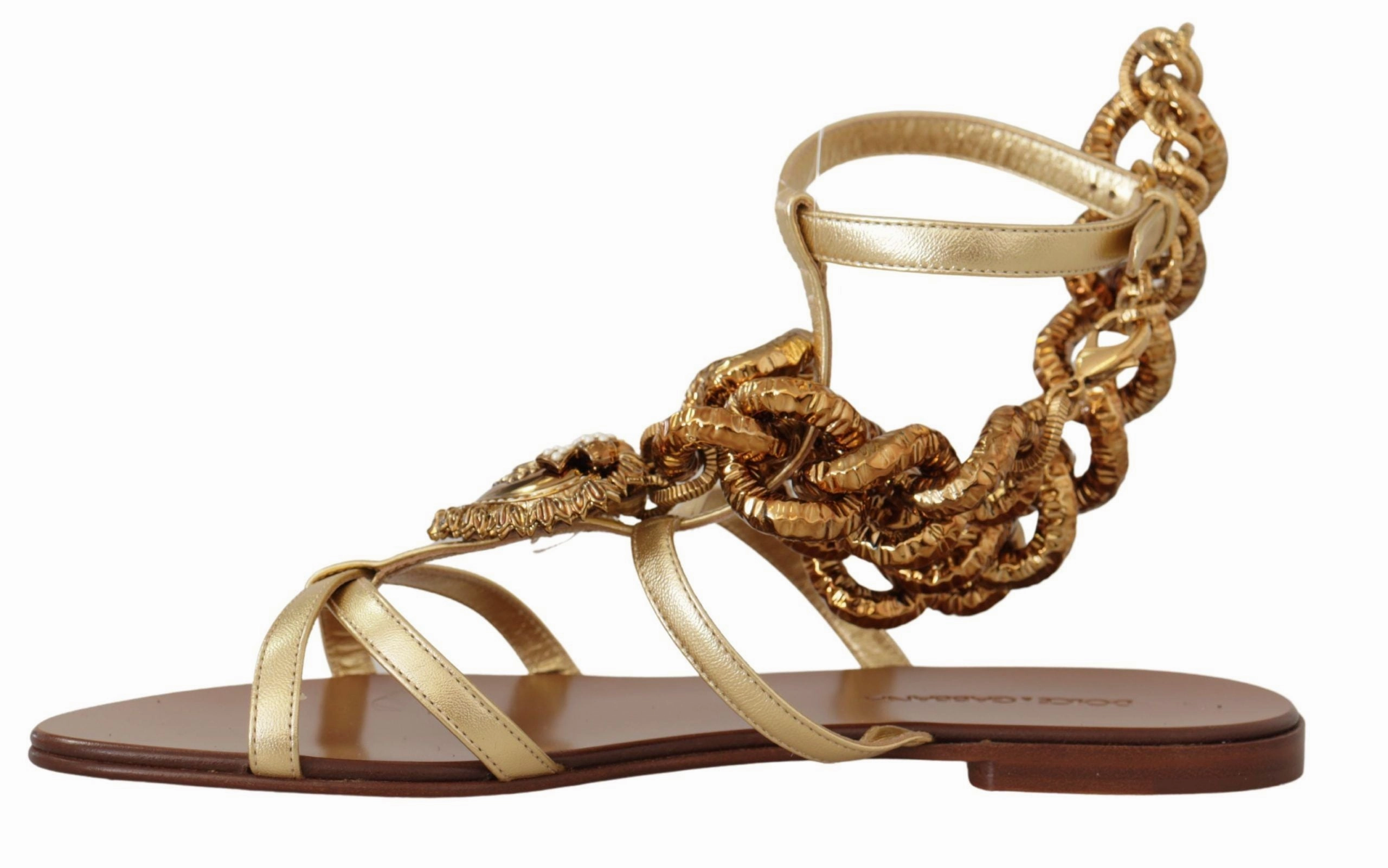 Flat Insole Shoes Dolce & Gabbana Gold Leather Devotion Flats Sandals