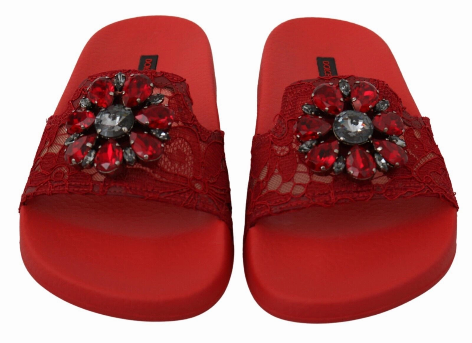 Dolce & Gabbana Red Lace Crystal Sandals Slides Beach Shoes Flat Dress Shoes For Wedding