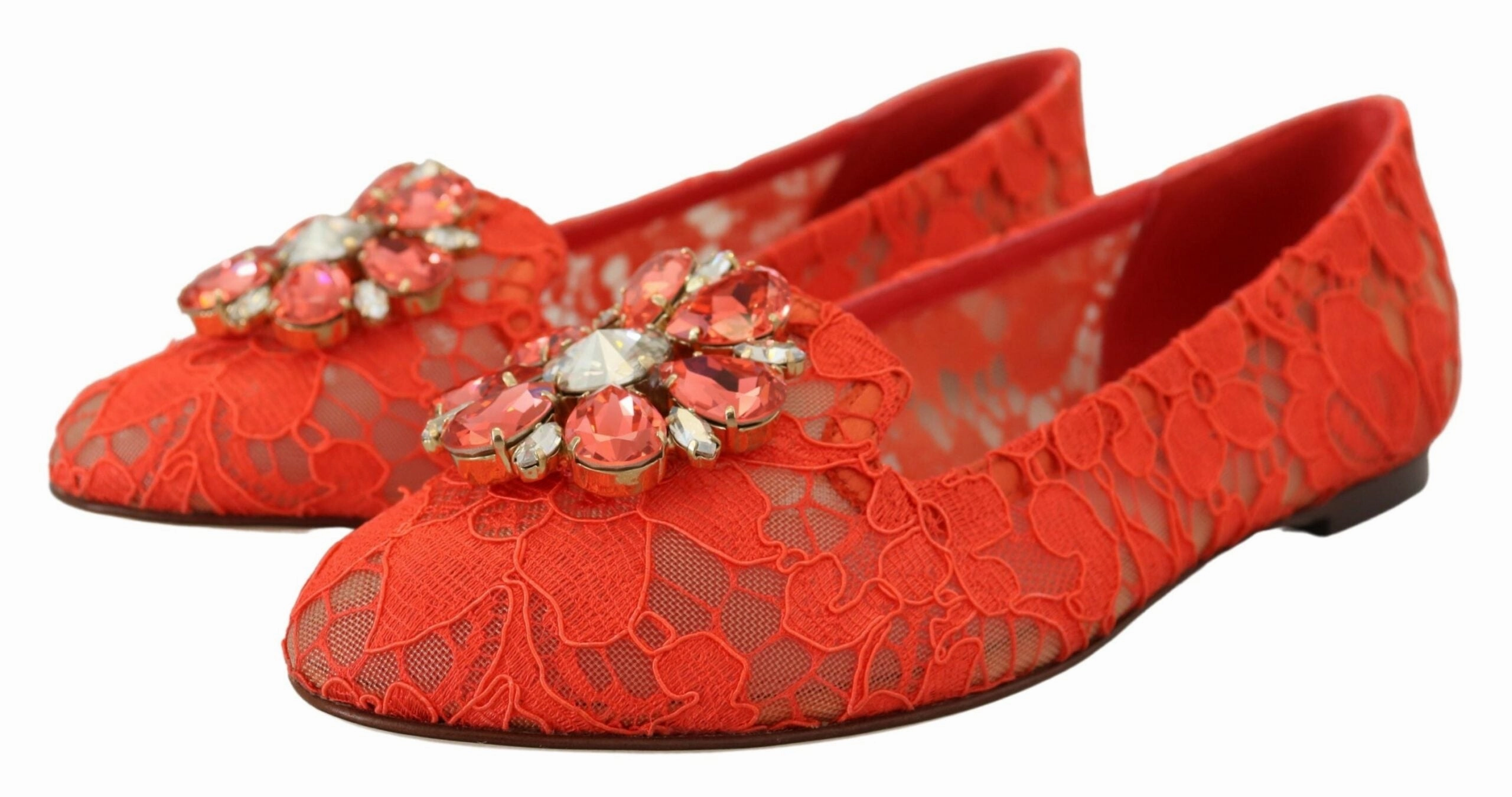 Squatting With Shoes Dolce & Gabbana Red Taormina Lace Crystals Ballet Flats Shoes
