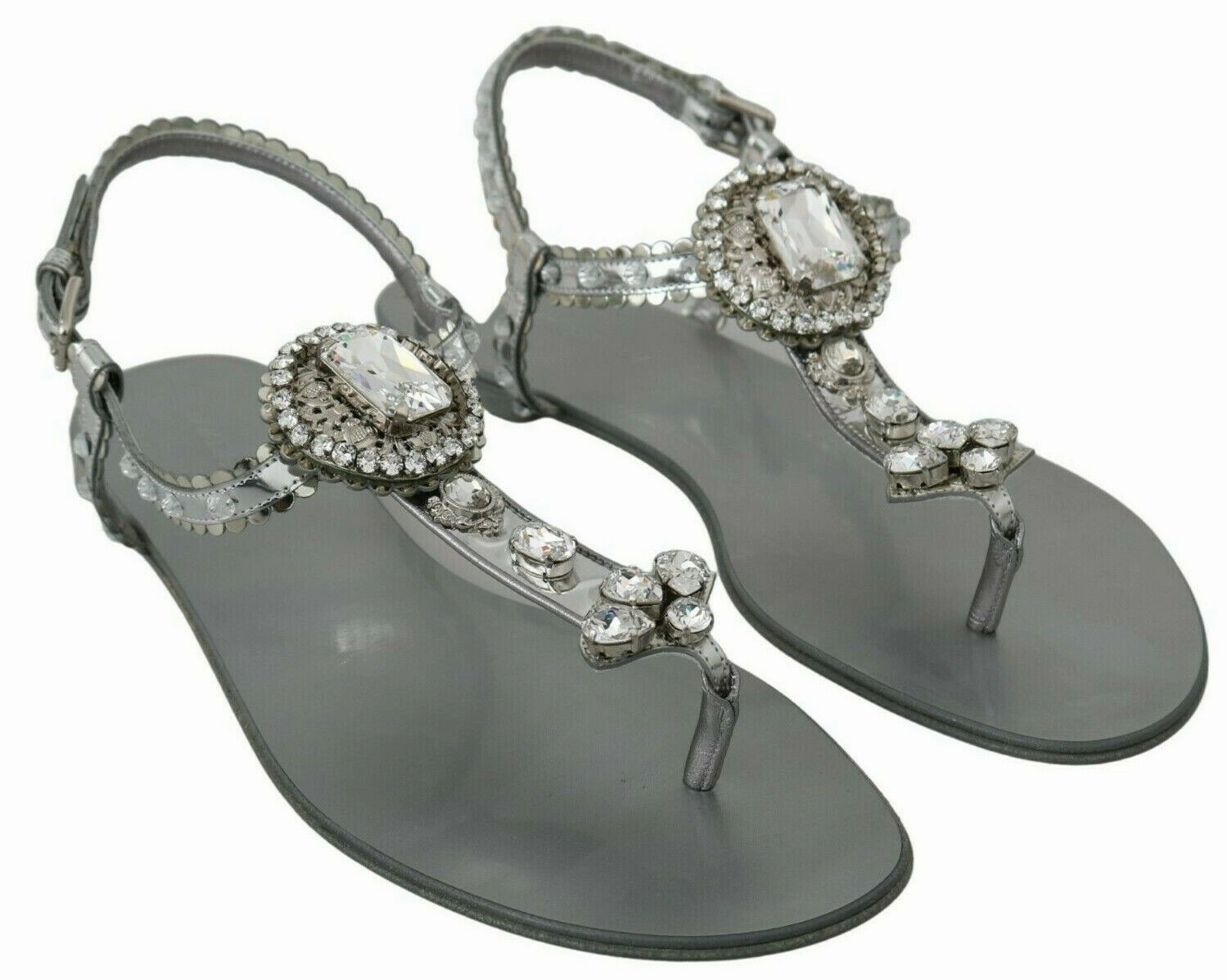 Dolce & Gabbana Silver Crystal Sandals Flip Flops Shoes Patent Flat Mary Jane Shoes