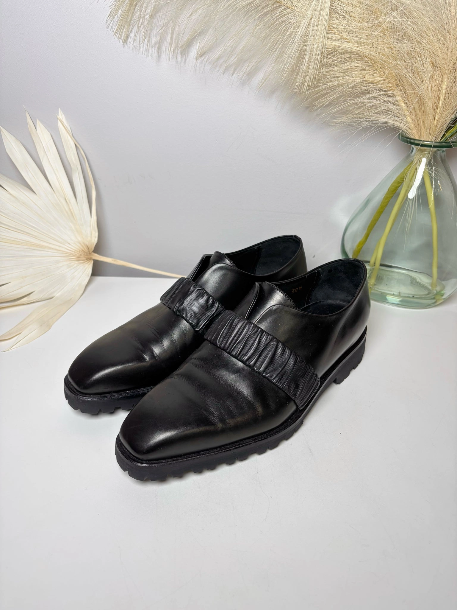 W Shoe Size 38.5 Rupert Sanderson Black Leather Loafers Grant Stone Traveler Penny Loafers