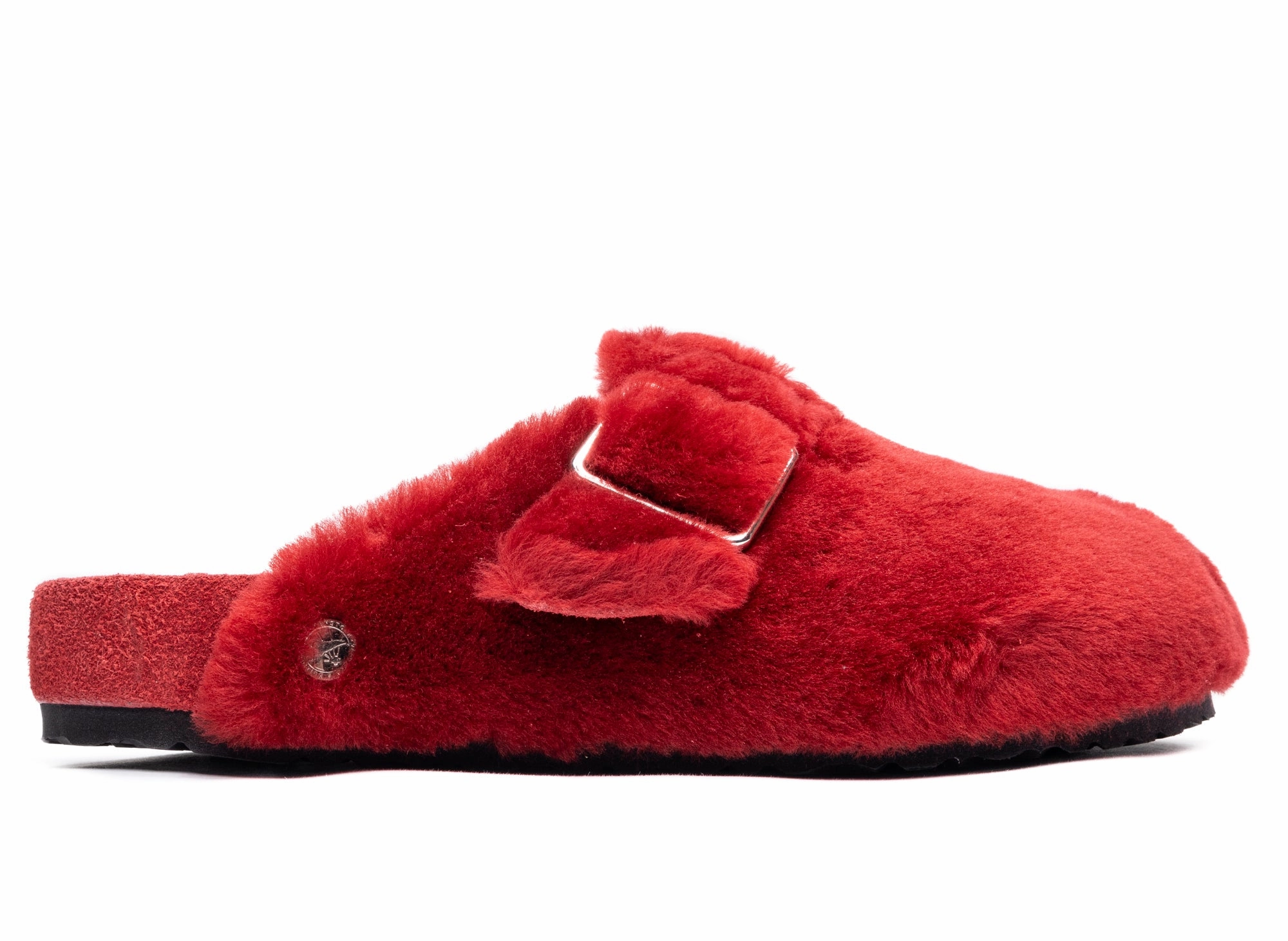 Birkenstock Boston 1774 in Shearling Red T Strap Sandals Heels