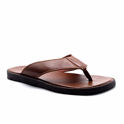 Supportive Sandals Men's 69213 Leather Slip On Peasant Toe Loop Roman Flip Flop Dress Sandals