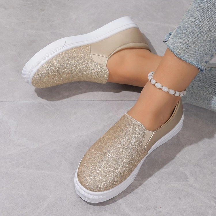 Round Toe Flat Shoes With Sequined Loafers Walking Shoes Women - GlamzLife Loafers White