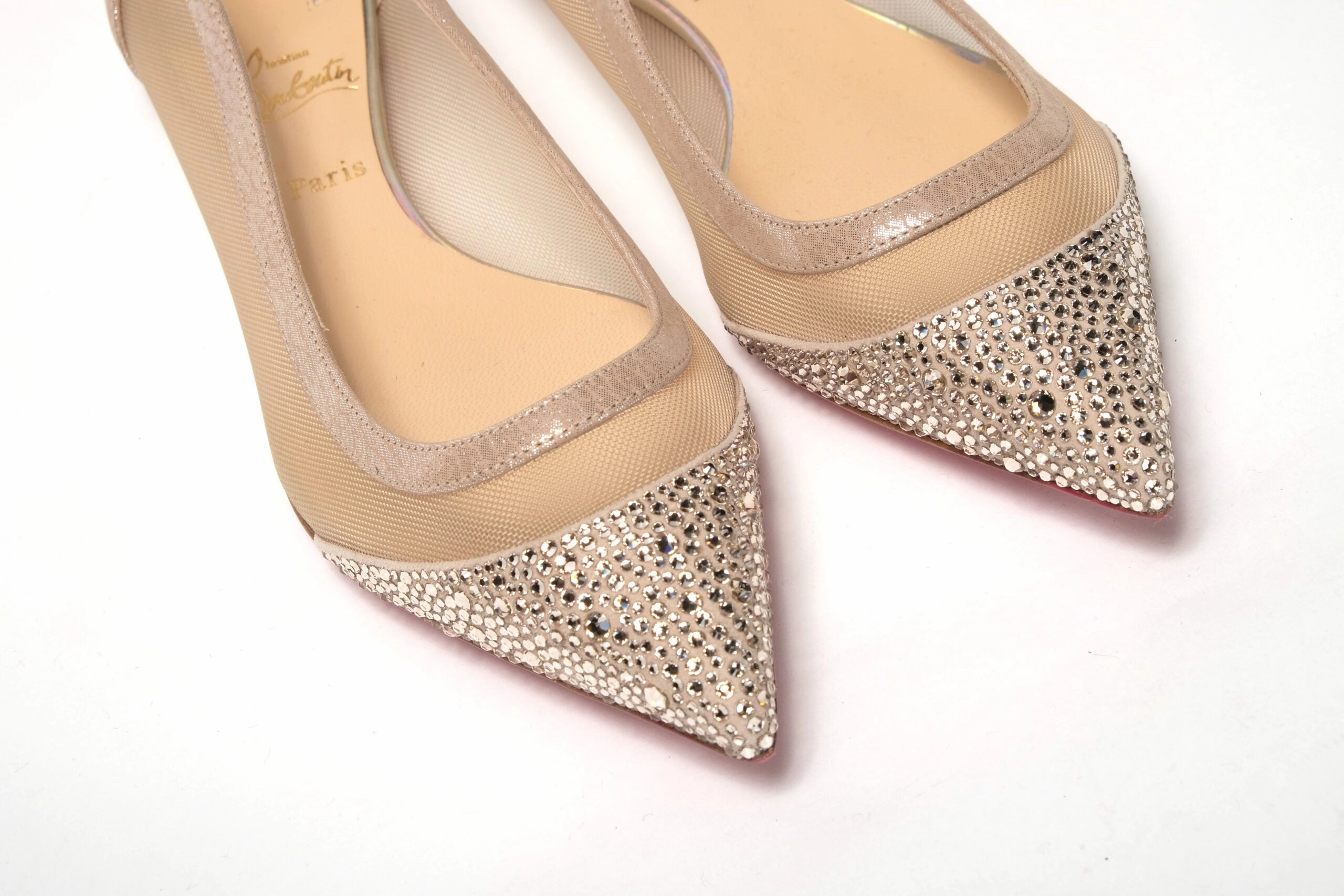 Flat Strap Shoes Christian Louboutin Silver Flat Point Toe Crystals Shoe