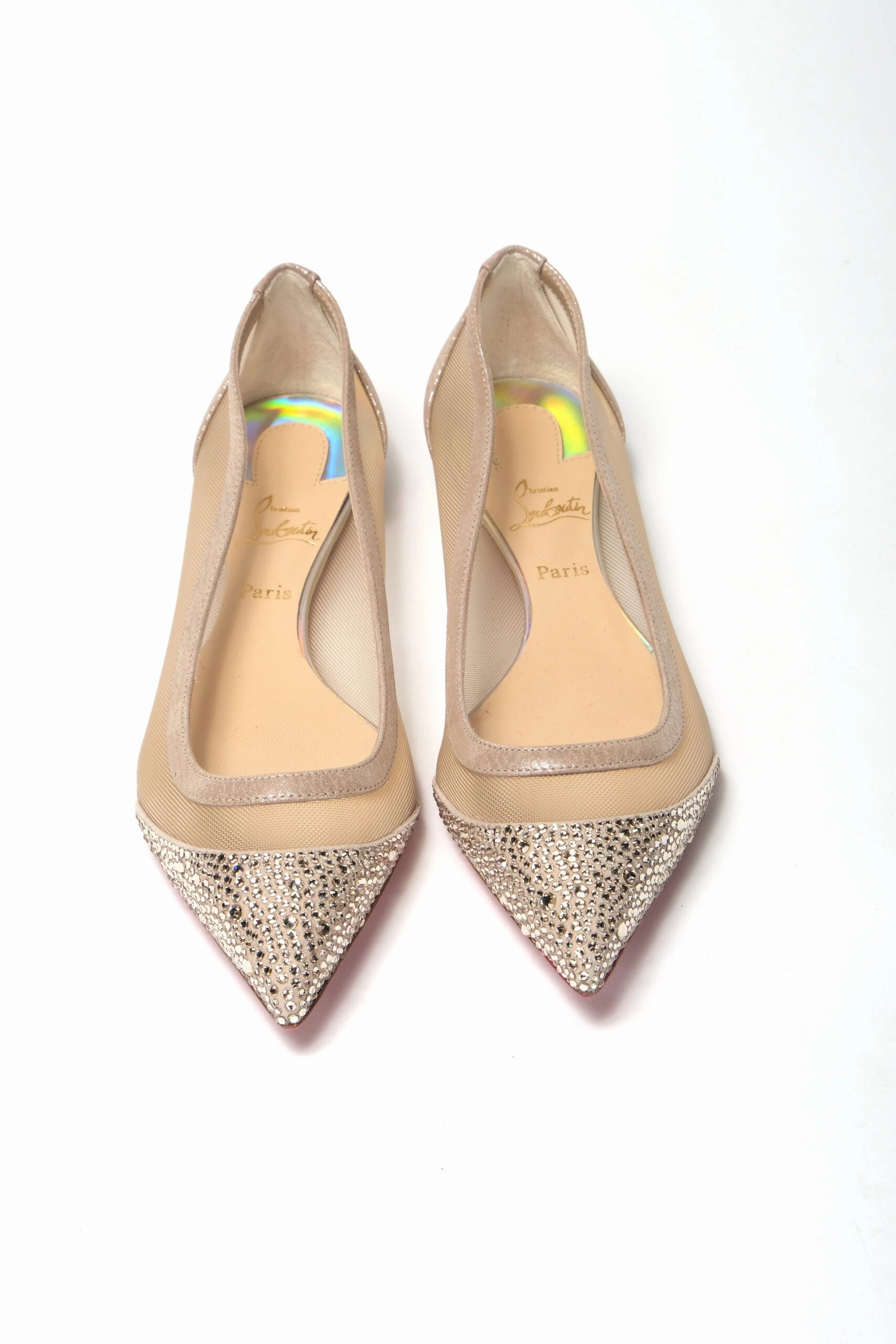 Flat Sole Shoes Gym Christian Louboutin Silver Flat Point Toe Crystals Shoe