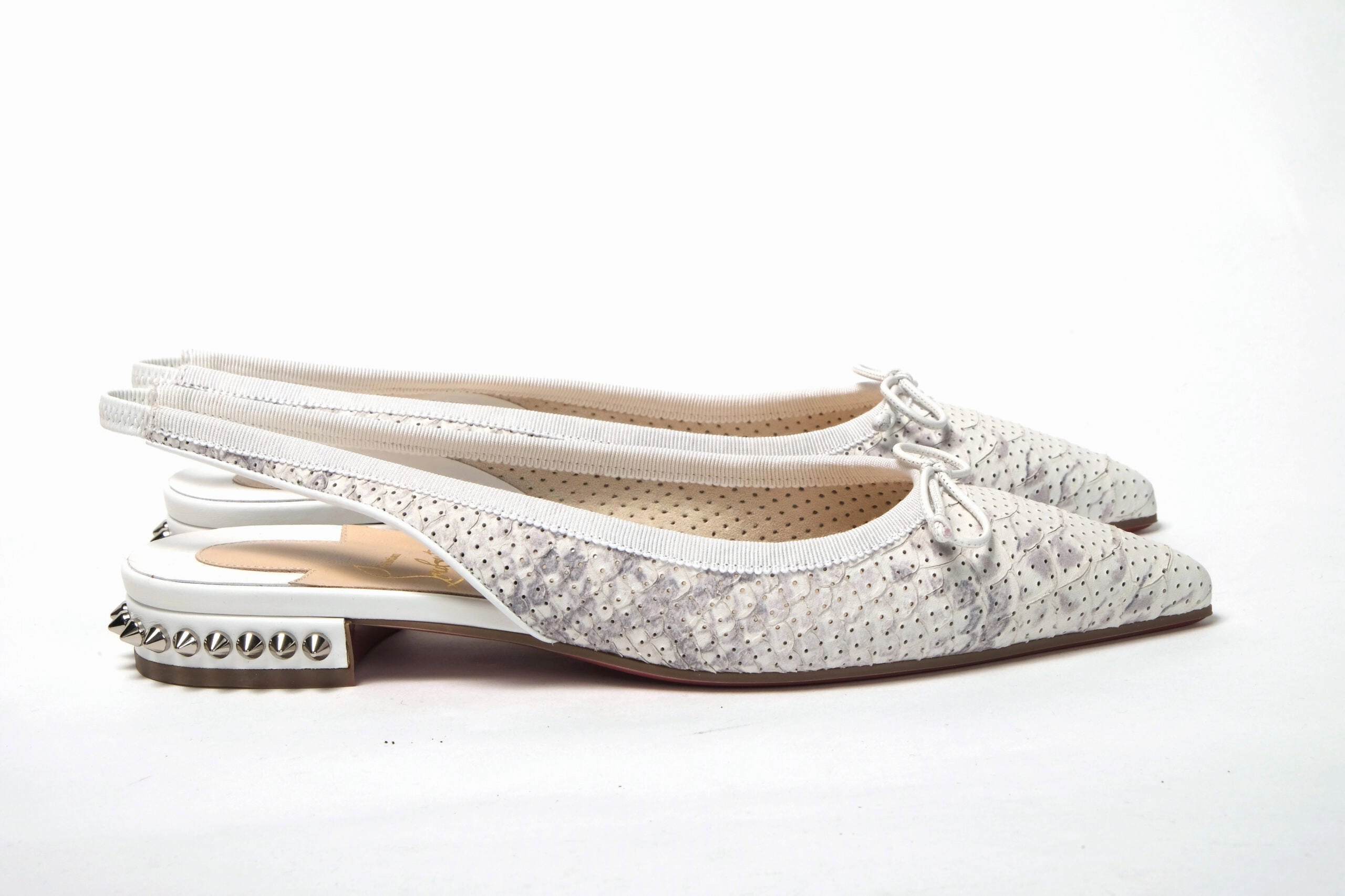 Square Flat Shoes Christian Louboutin White Perforated Printed Flat Point Toe Shoe