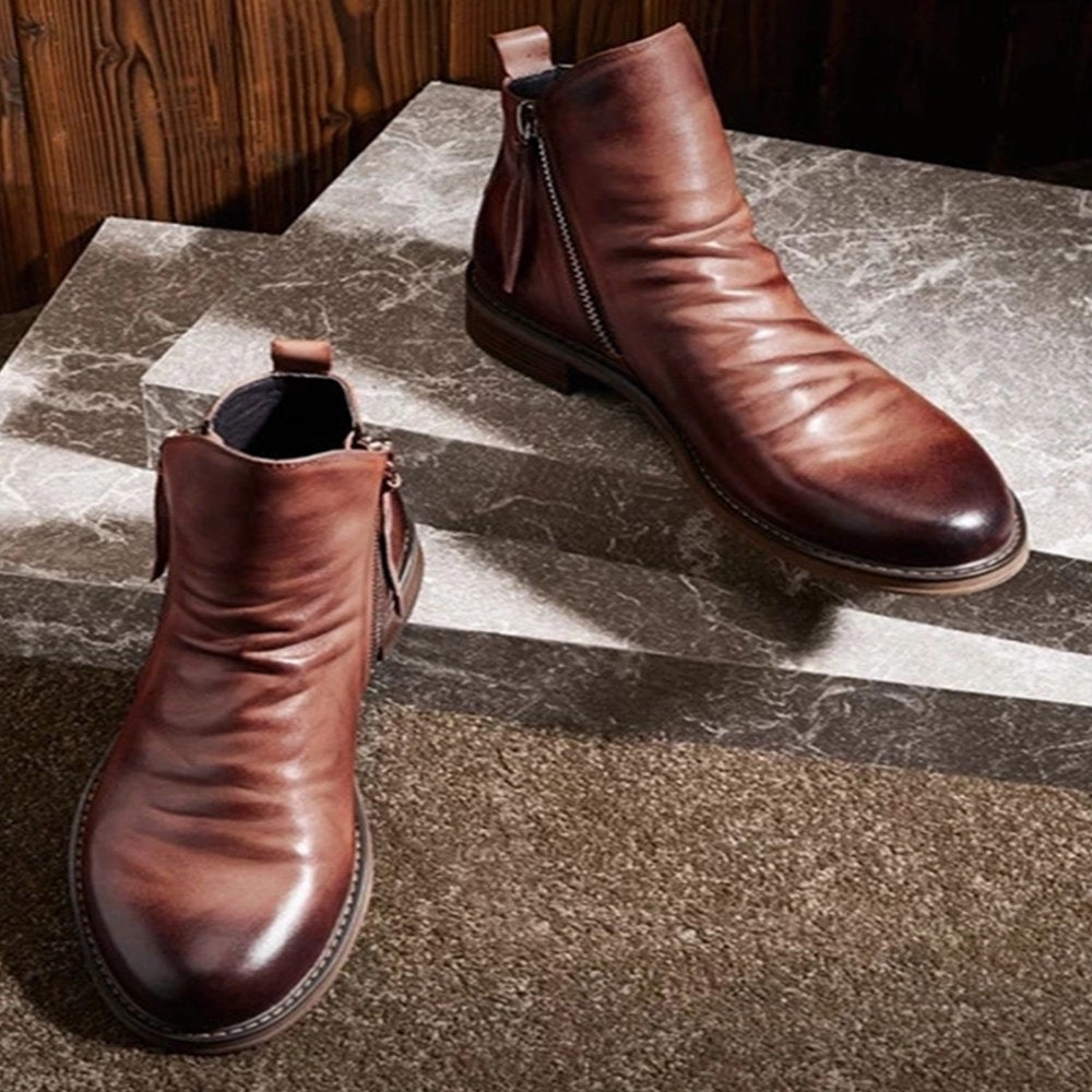 Flat Glitter Shoes Harsuny Mens Leather Dress Boots Side Zipper Ankle Booties Brown 9.5