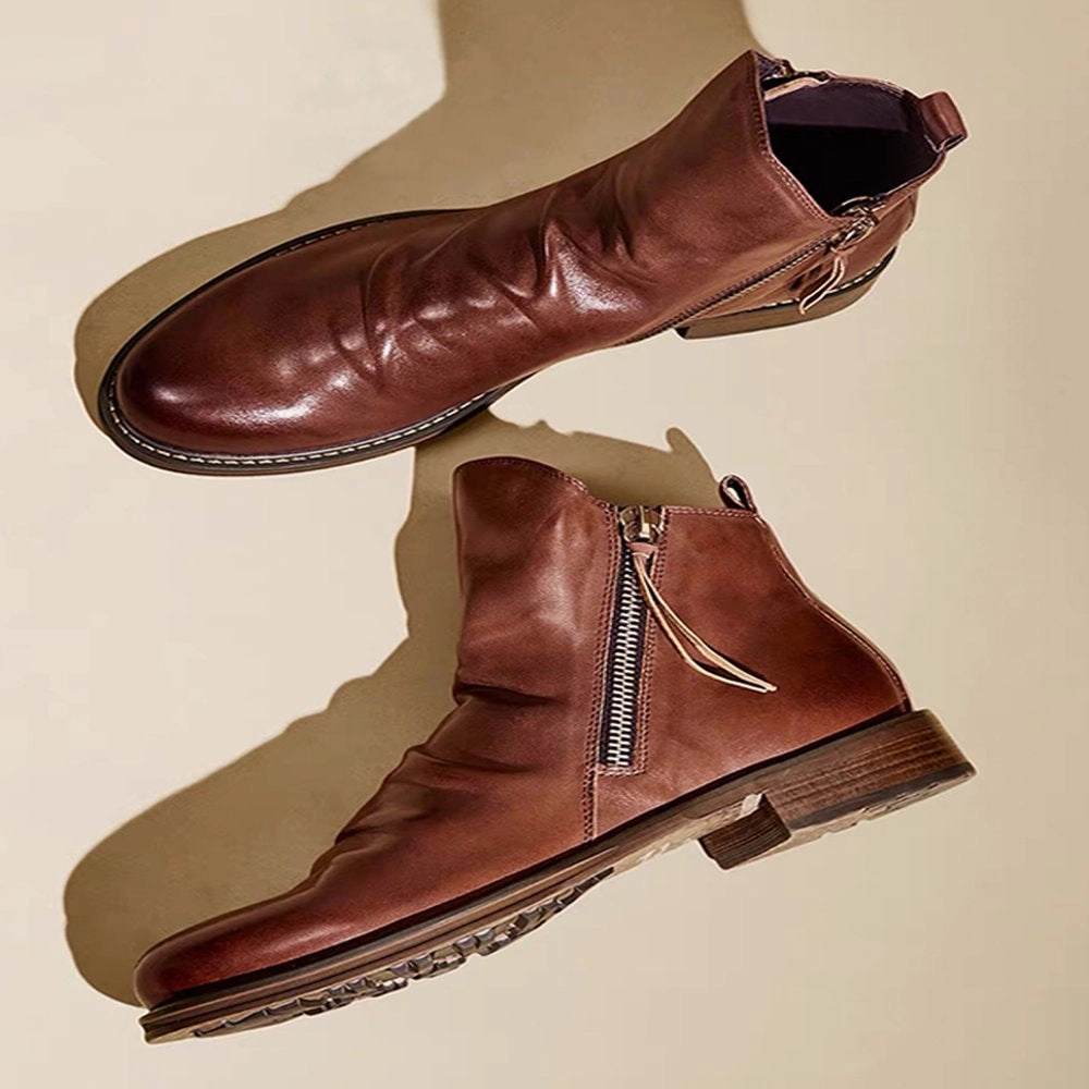 Harsuny Mens Leather Dress Boots Side Zipper Ankle Booties Brown 9.5 Flat Feet Work Shoes