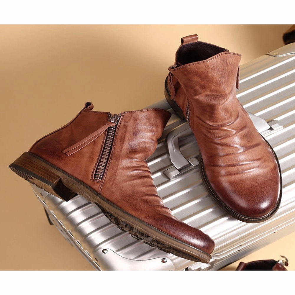 Harsuny Mens Leather Dress Boots Side Zipper Ankle Booties Brown 9.5 Mountain Biking Shoes For Flat Pedals