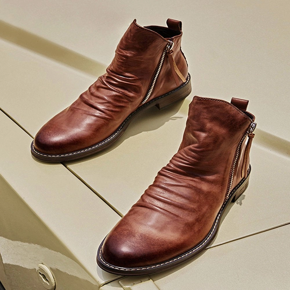 Harsuny Mens Leather Dress Boots Side Zipper Ankle Booties Brown 9.5 Shoes For Wide And Flat Feet