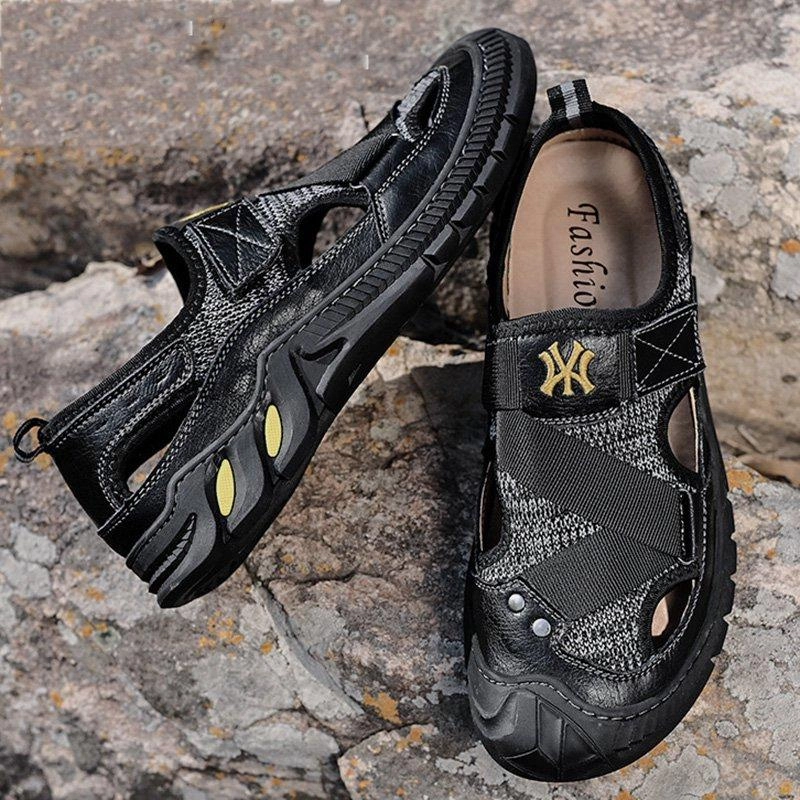Men Summer Flat Heel Casual Cowhide Leather Hiking Shoes Canvas Shoes