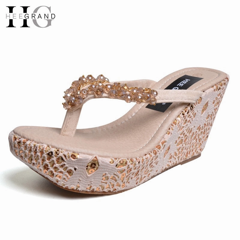 5 Flip Flops HEE GRAND Women's Slippers 2017 NEW Summer Shoes Woman Flip Flips Beading High Heels Shoes Platform Wedges Slides 35-39 XWZ3524