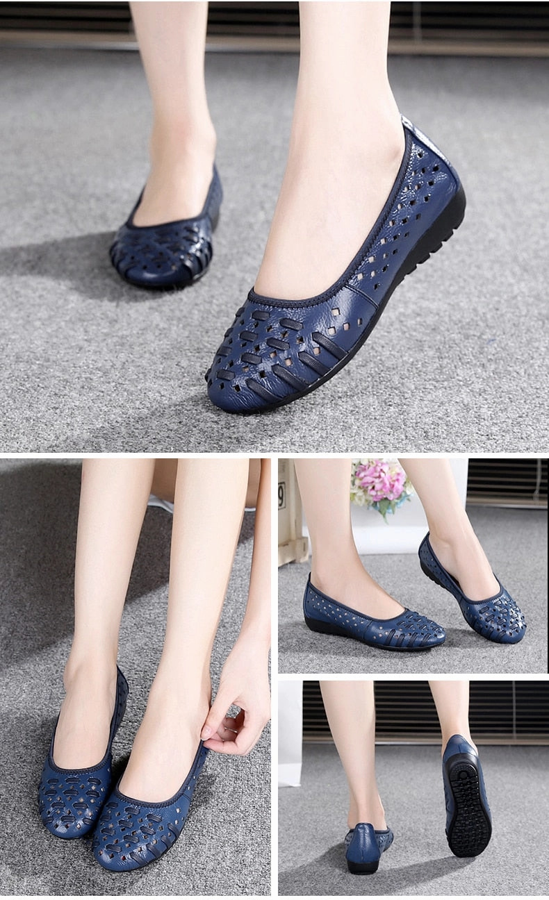 Fashion Genuine Leather Casual Loafers Shoes Women Sandals Summer Shoes Flats with Hollow Out Size 35-43 Docs Loafers