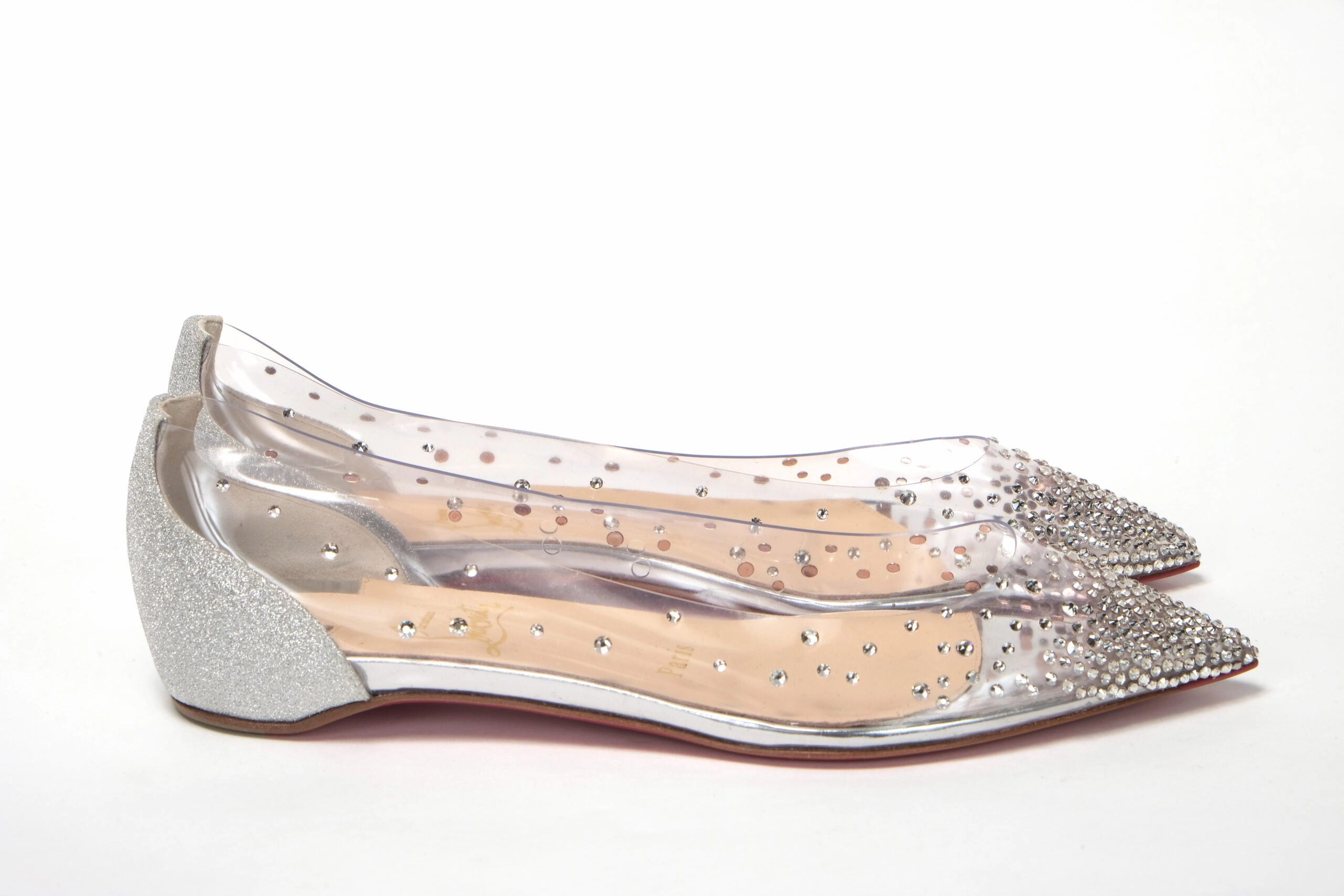 Patent Shoes Flats Christian Louboutin Silver Crystals Flat Point Toe Shoe