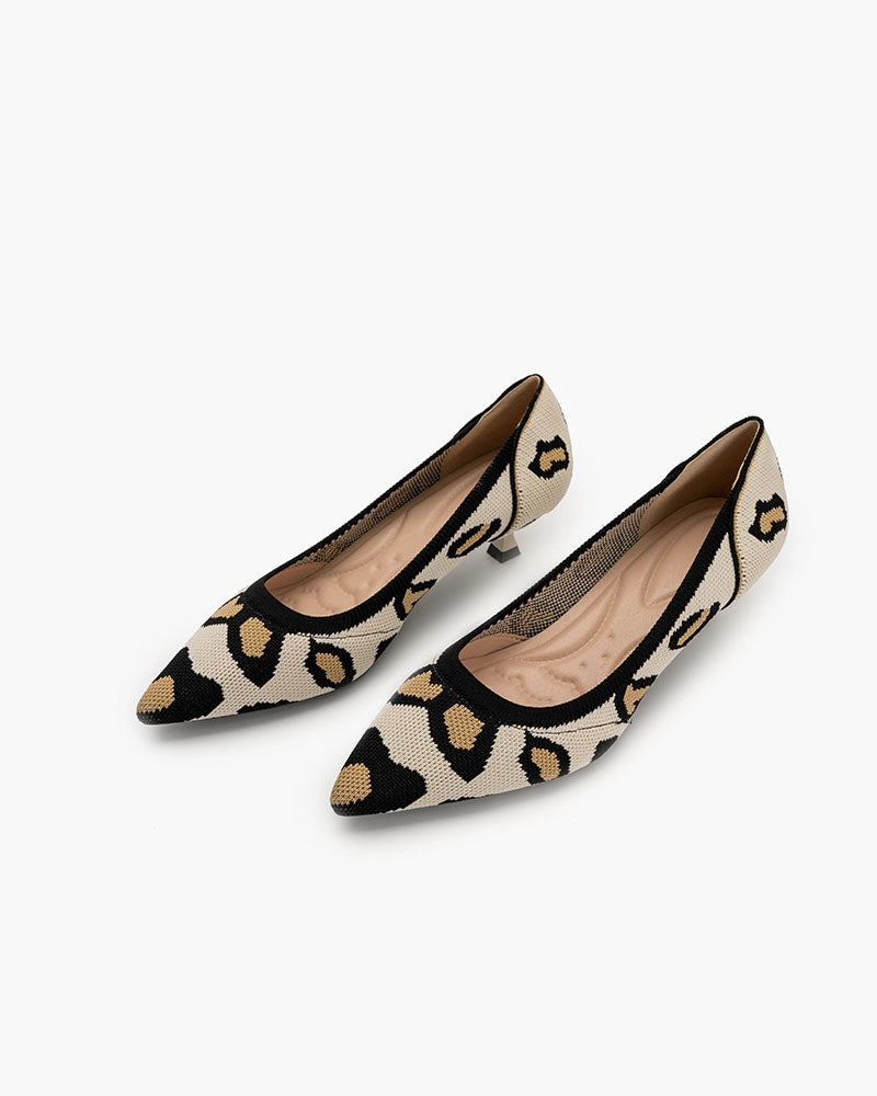 Leopard Pattern Pointed-Toe Kitten Heels Work Shoes For Flat Wide Feet