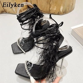 Handmade Leather Sandals Eilyken Fashion Summer Rhinestone Feather Women Sandals Lace-up Cross-Tied Sexy Gladiator Square Toe Ladies High Heel Shoes