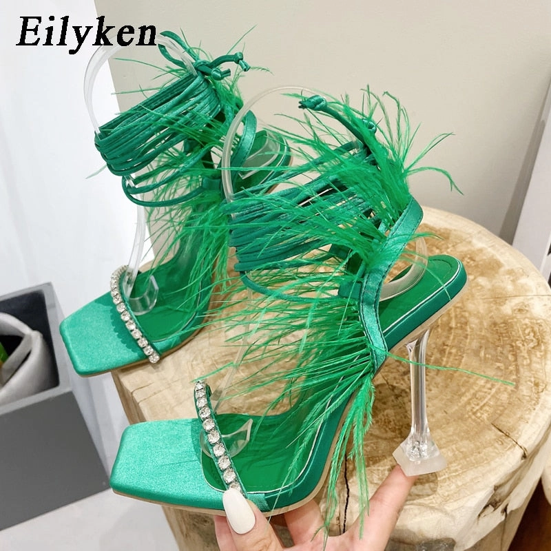 Sandals Tommy Hilfiger Eilyken Fashion Summer Rhinestone Feather Women Sandals Lace-up Cross-Tied Sexy Gladiator Square Toe Ladies High Heel Shoes