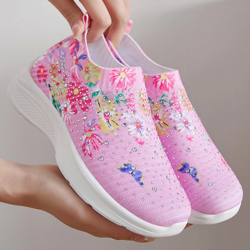 Sneakers For Bad Knees Floral pattern rhinestone decor knitted sneakers  summer mesh slip-on shoes