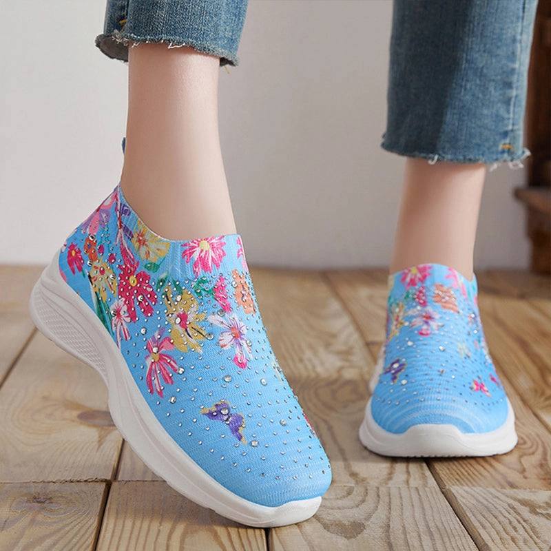 Raf Simons Sneakers Floral pattern rhinestone decor knitted sneakers  summer mesh slip-on shoes