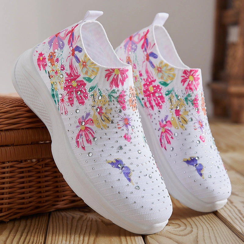 White Shoes Sneakers Floral pattern rhinestone decor knitted sneakers  summer mesh slip-on shoes