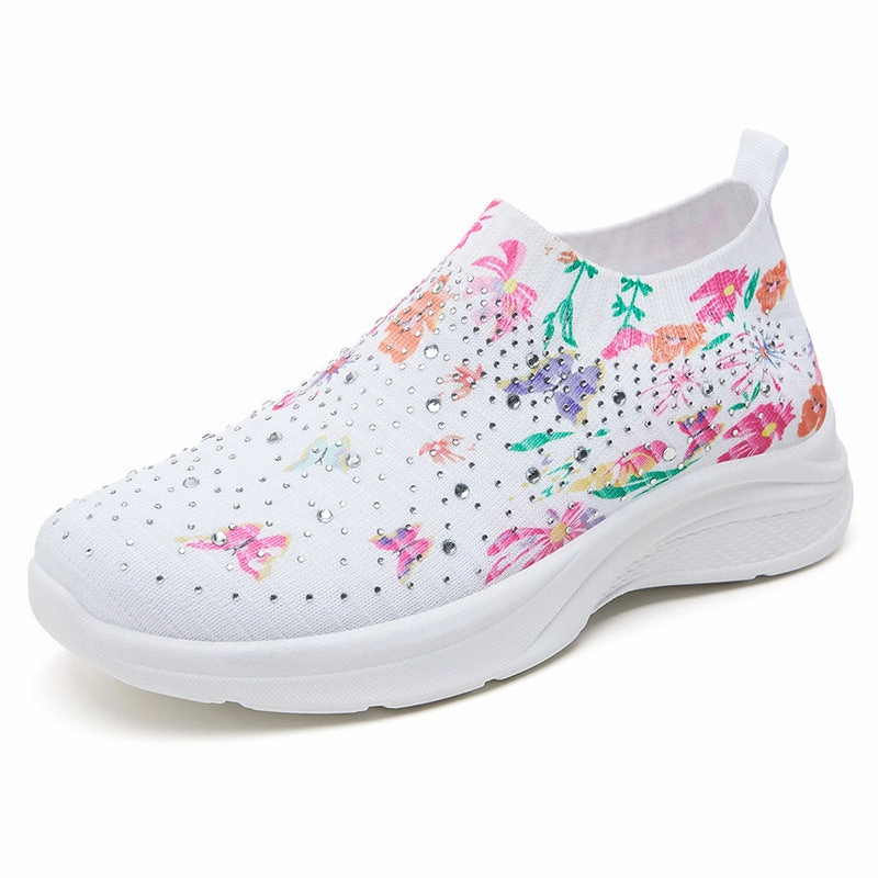 Floral pattern rhinestone decor knitted sneakers  summer mesh slip-on shoes Prince Tennis Sneakers
