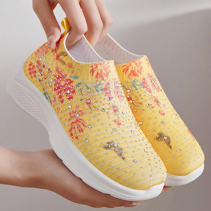 Sneakers Walking Floral pattern rhinestone decor knitted sneakers  summer mesh slip-on shoes