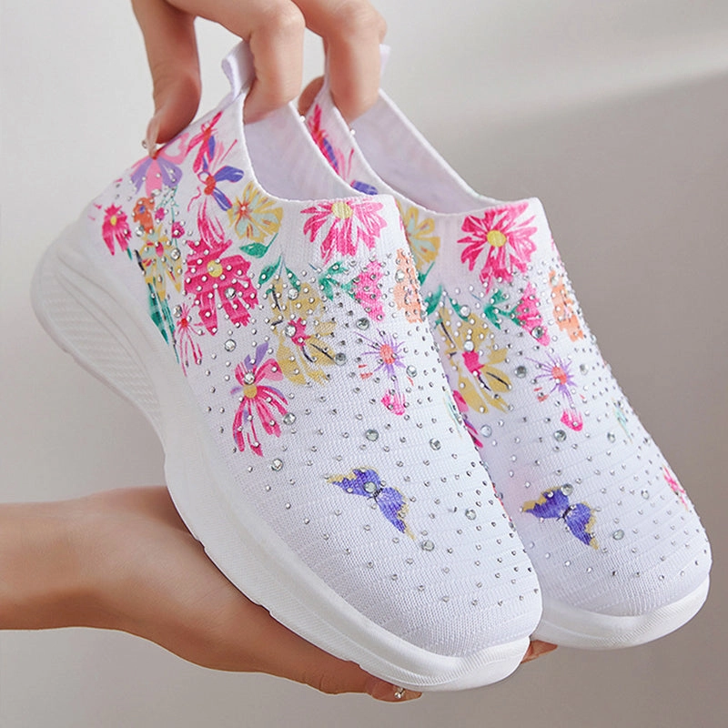 Floral pattern rhinestone decor knitted sneakers  summer mesh slip-on shoes Motorcycle Riding Sneakers