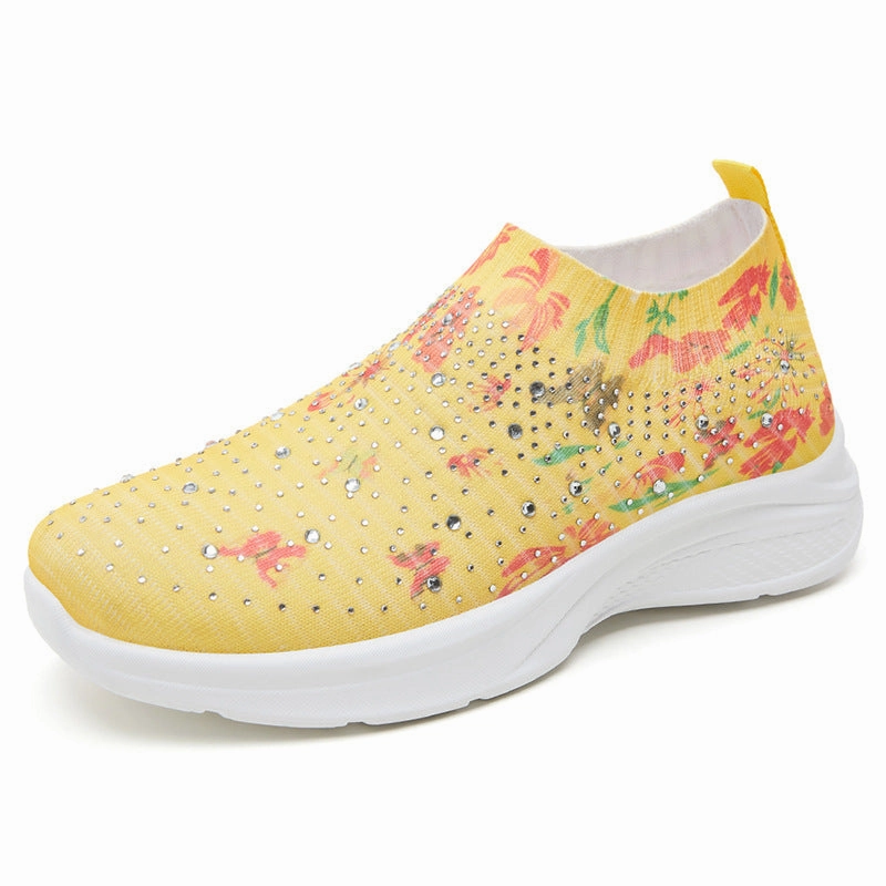 Floral pattern rhinestone decor knitted sneakers  summer mesh slip-on shoes Lebron Deion Sanders Collaboration Sneakers