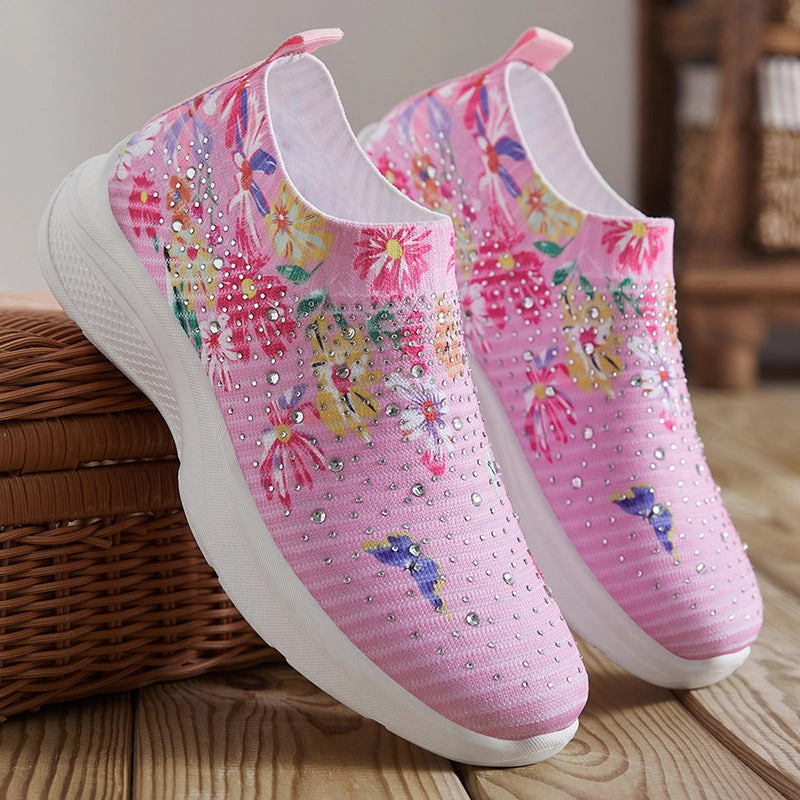 Floral pattern rhinestone decor knitted sneakers  summer mesh slip-on shoes Popular Sneakers