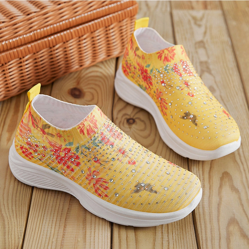 Floral pattern rhinestone decor knitted sneakers  summer mesh slip-on shoes Shoelaces For Sneakers
