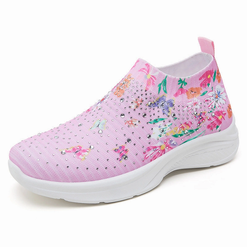 Sneakers Without Socks Floral pattern rhinestone decor knitted sneakers  summer mesh slip-on shoes