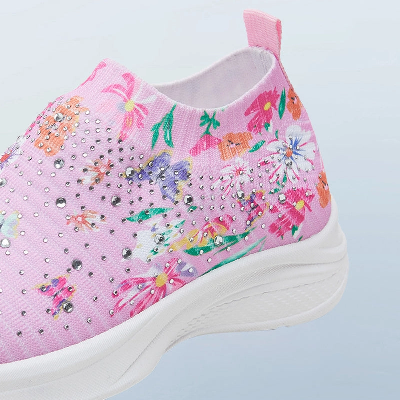 Floral pattern rhinestone decor knitted sneakers  summer mesh slip-on shoes Hands Free Sneakers