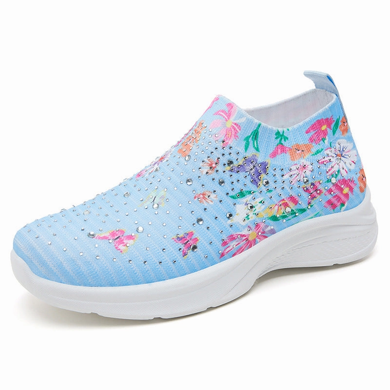 Beach Sneakers Floral pattern rhinestone decor knitted sneakers  summer mesh slip-on shoes