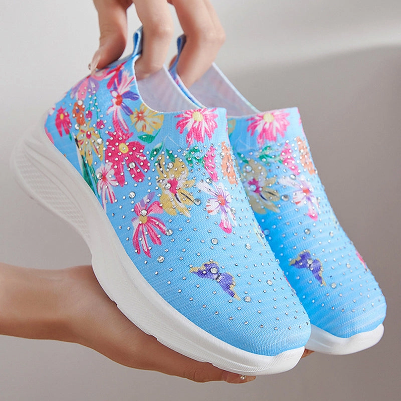 Floral pattern rhinestone decor knitted sneakers  summer mesh slip-on shoes Curated Sneakers