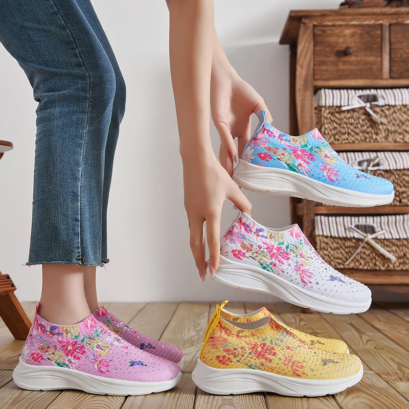 Floral pattern rhinestone decor knitted sneakers  summer mesh slip-on shoes Dog Sneakers