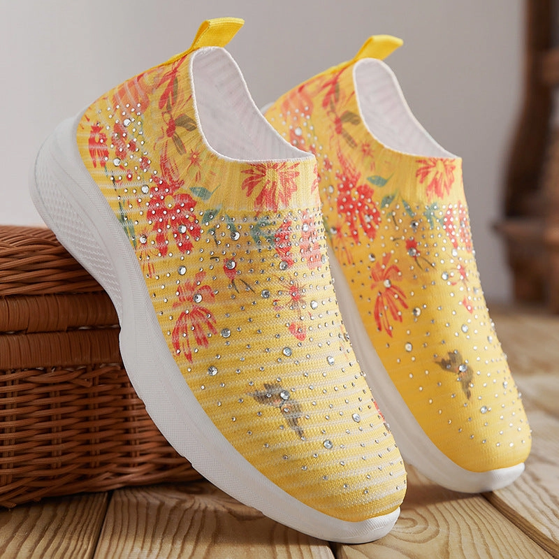 Floral pattern rhinestone decor knitted sneakers  summer mesh slip-on shoes Sneakers Bar And Grill Menu