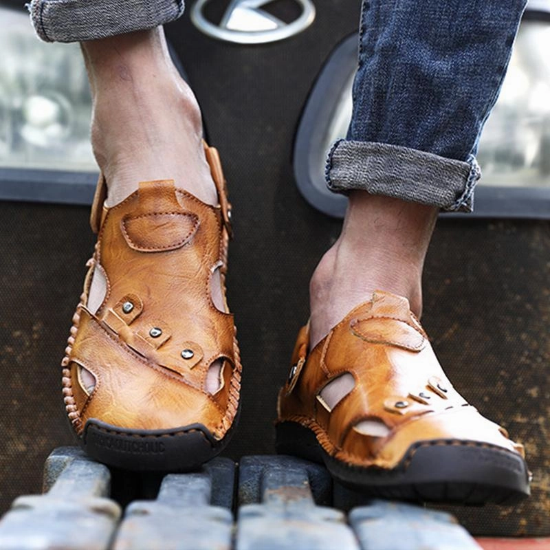 Fluffy Animal Slippers Men Summer Genuine Leather Beach Sandals Slippers