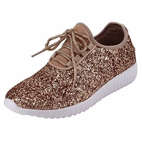 Forever Link Women's REMY-18 Glitter Fashion Lace Up Low Top Sneakers Rosegold Best Flat Soled Gym Shoes