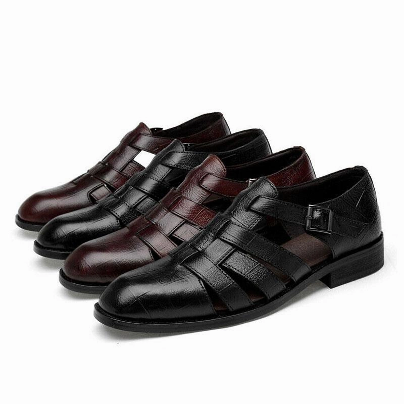 Men's Business Casual Sandals Ankle Strap Flats Soft Leather Shoes Best Sandals For High Arches