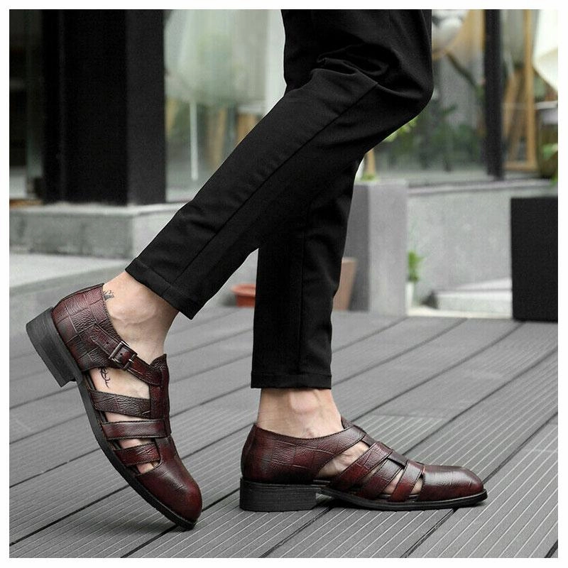 High Heeled Sandals Men's Business Casual Sandals Ankle Strap Flats Soft Leather Shoes