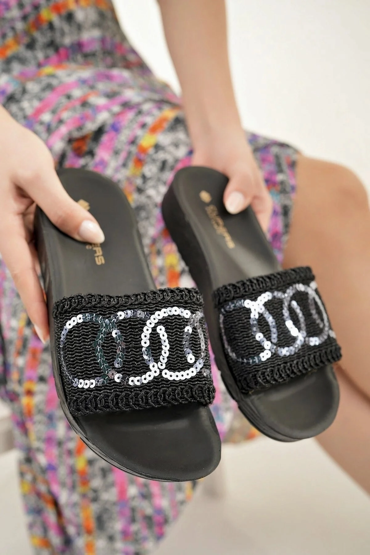 Modafrsat Women's Straw  Knitting Lace Stone Detailed Stylish Slippers Slippers For Diabetic