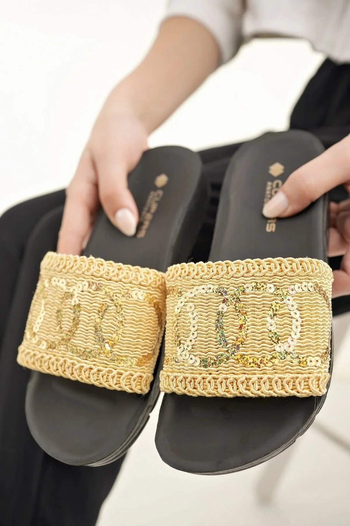 Modafrsat Women's Straw  Knitting Lace Stone Detailed Stylish Slippers Daniel Green Bedroom Slippers