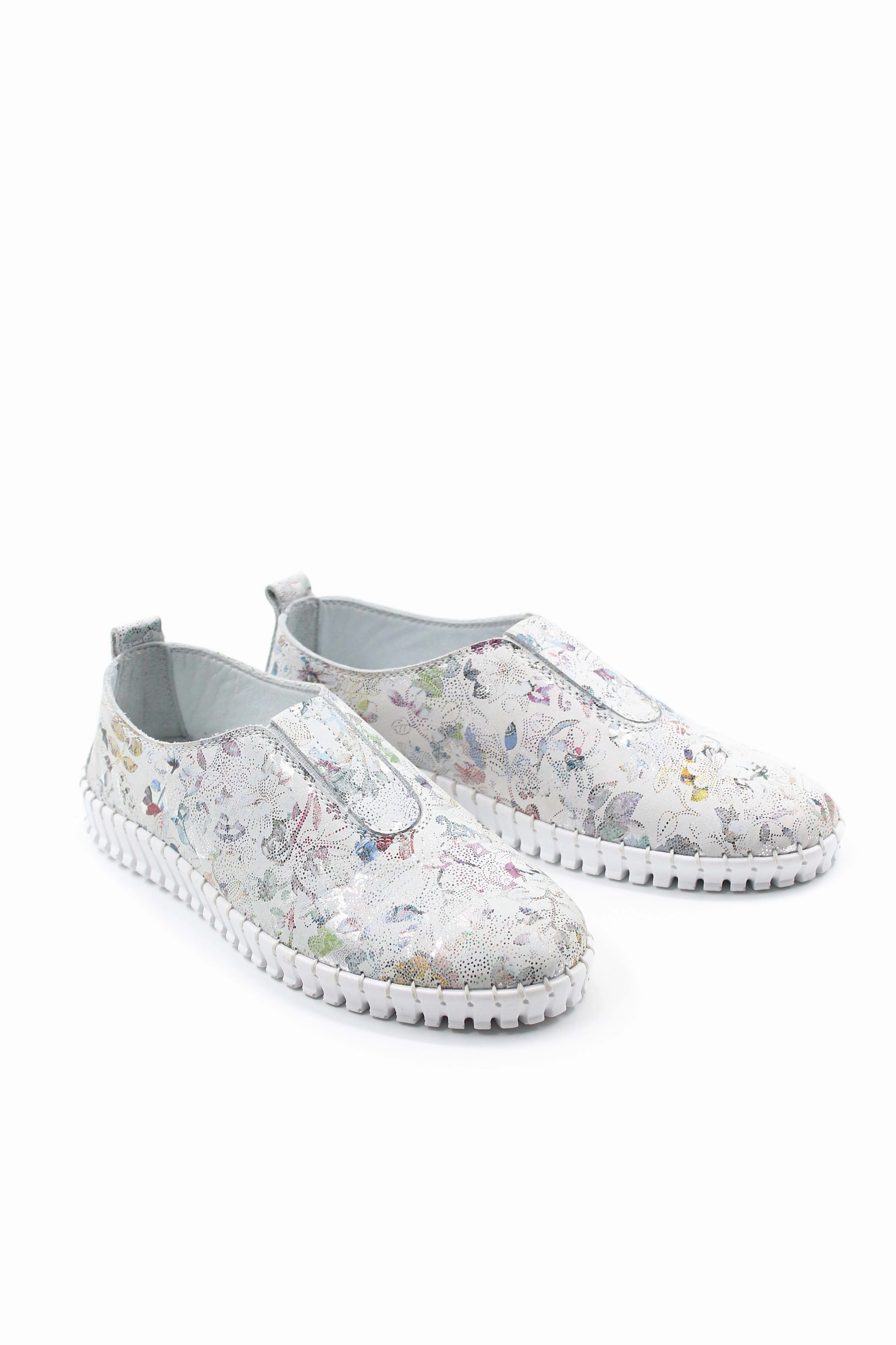 FST Genuine Leather Women's Casual Shoes 934ZA106 White Floral - Urmston Flat Shoes For Casual Wear