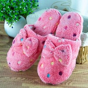 Furry plush house slippers for winter bowknot cute confetti slippers closed toe Disposable House Slippers