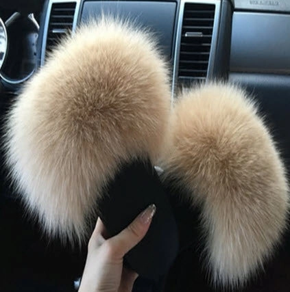 Women Furry Slippers Cute Plush Fox Hair Fluffy Sandals Purse Slippers