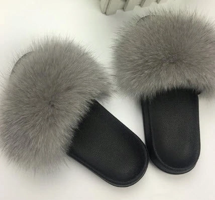 Women Furry Slippers Cute Plush Fox Hair Fluffy Sandals Amur Maple