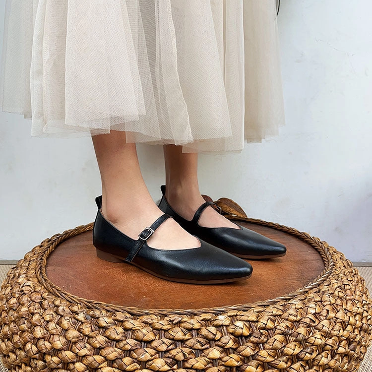 Genuine Leather Mary Jane Shoes For Women Flat Heel Buckle Casual-chic Shoes Deals