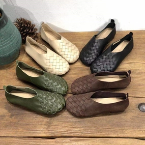 Slim Loafers Genuine Leather Retro Round Toe Flat Soft Cowhide Woven Women's Shoes