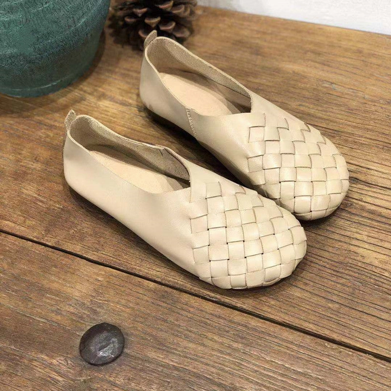 Rose Gold Loafers Genuine Leather Retro Round Toe Flat Soft Cowhide Woven Women's Shoes